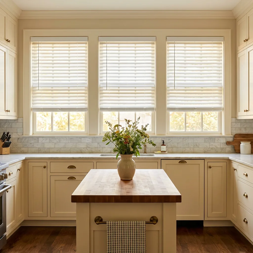 Affordable white 2.5-inch faux wood blinds in a sunlit Tennessee kitchen