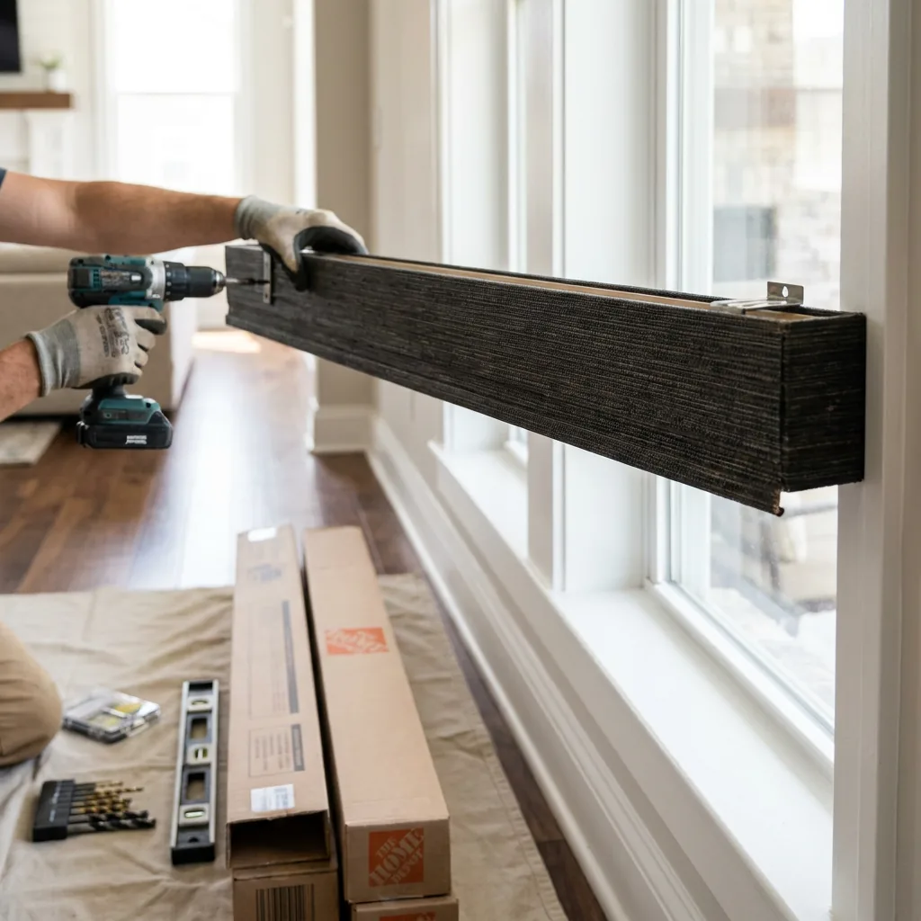 Installing a blind purchased from Home Depot with boxes on a drop cloth