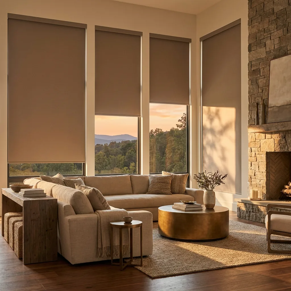 Synchronized motorized roller shades in a modern Tennessee great room