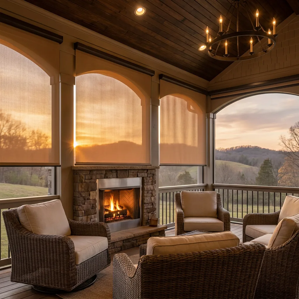 Outdoor sun shades on a Tennessee porch at dusk