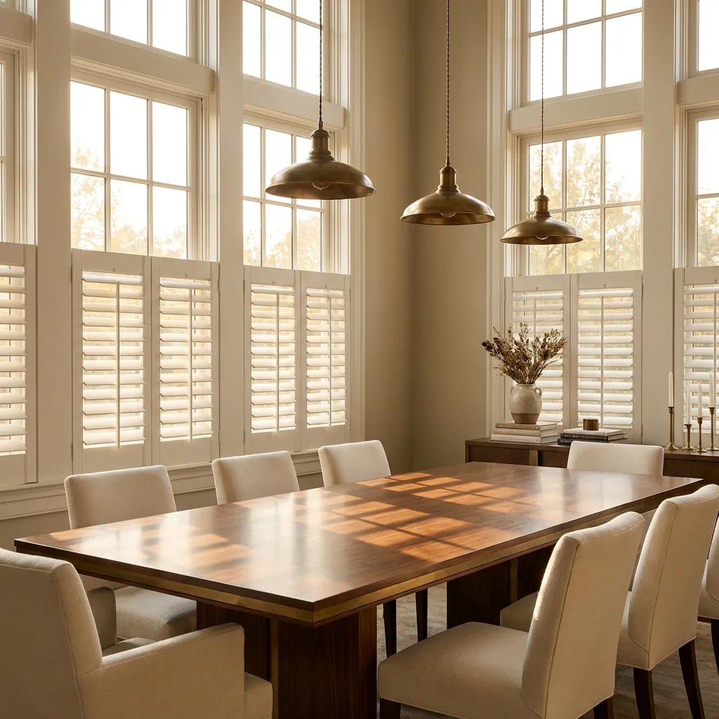 Hardwood plantation shutters in a sunlit Tennessee dining room