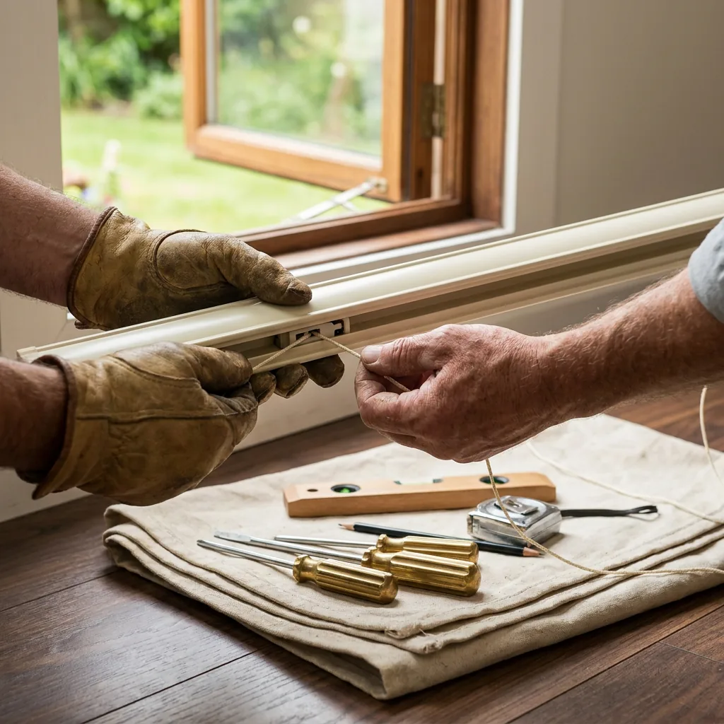 Professional installer hands threading a lift cord