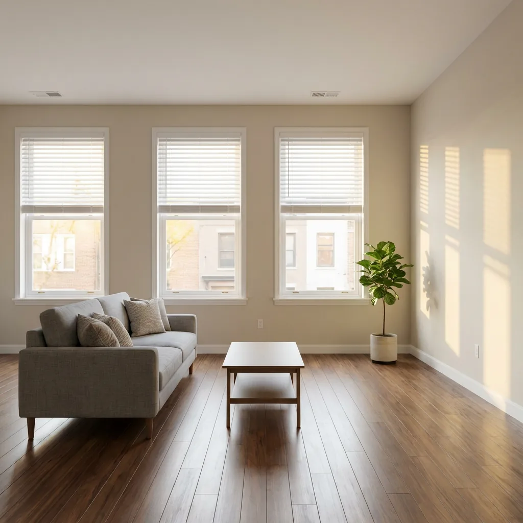 Clean rental property living room with white faux wood blinds