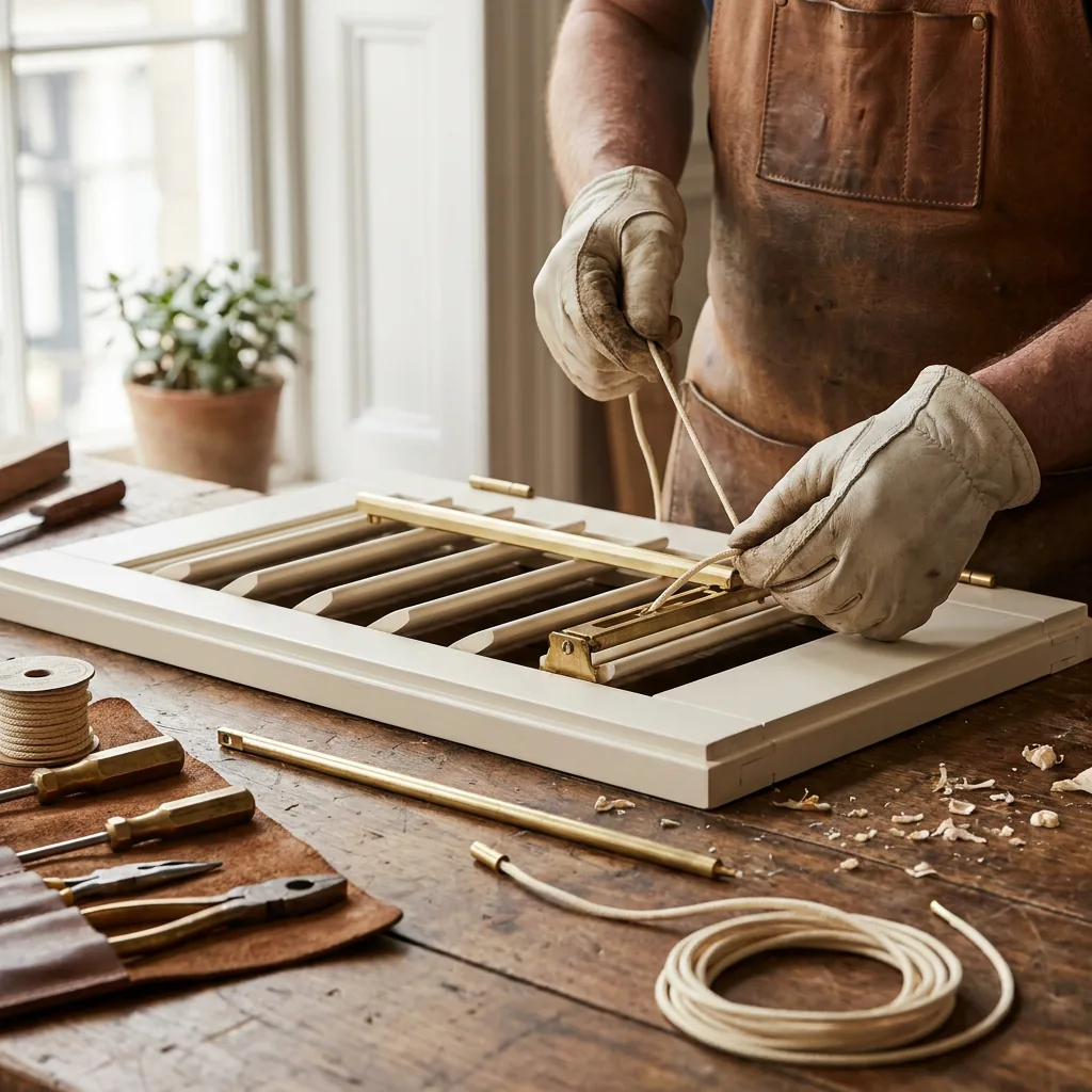 A craftsman restringing a plantation shutter on a walnut workbench