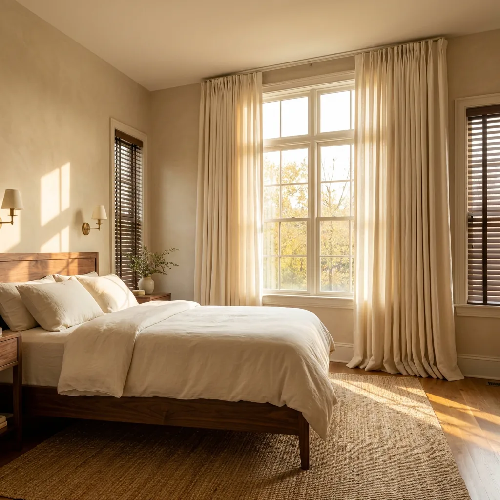 Custom hardwood blinds and cream linen drapery in a Tennessee bedroom