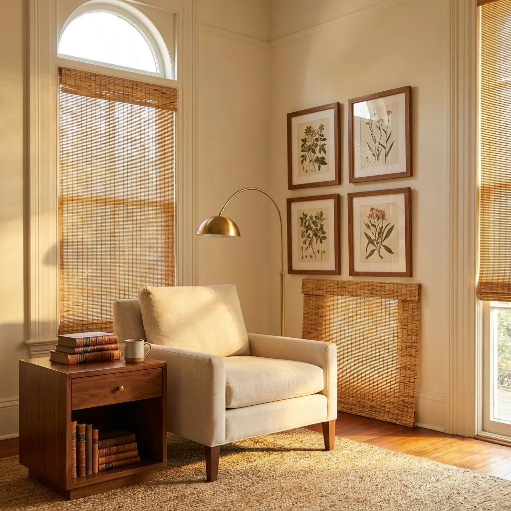 Hand-loomed woven wood bamboo shade on a tall arched window