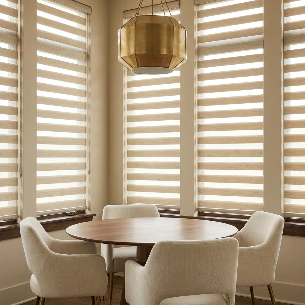 Dual-layer zebra banded shades in a modern Tennessee dining nook