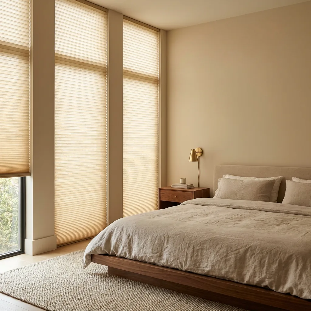 Cellular honeycomb shades in a soft, light-filtered Tennessee bedroom