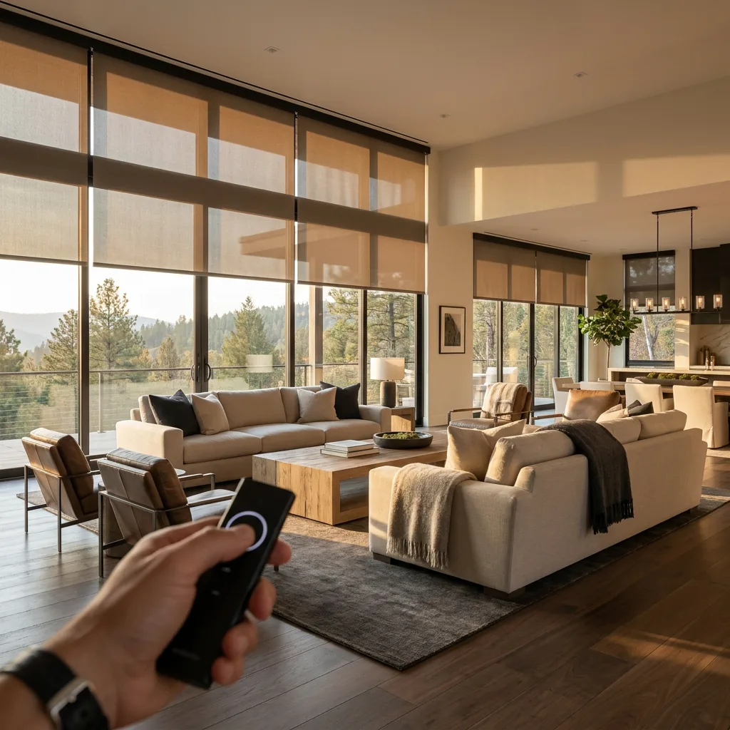 Motorized roller shades half-raised in a modern Nashville home