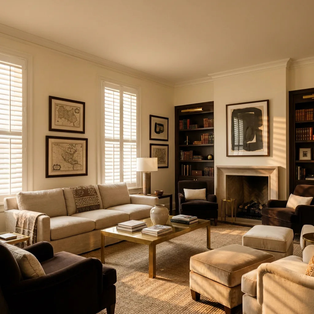 White plantation shutters open to morning light in a Tennessee living room